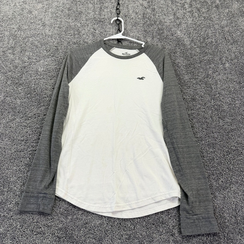 Hollister Raglan T Shirt Mens Small White Gray Long Sleeve Crew Neck Casual Logo